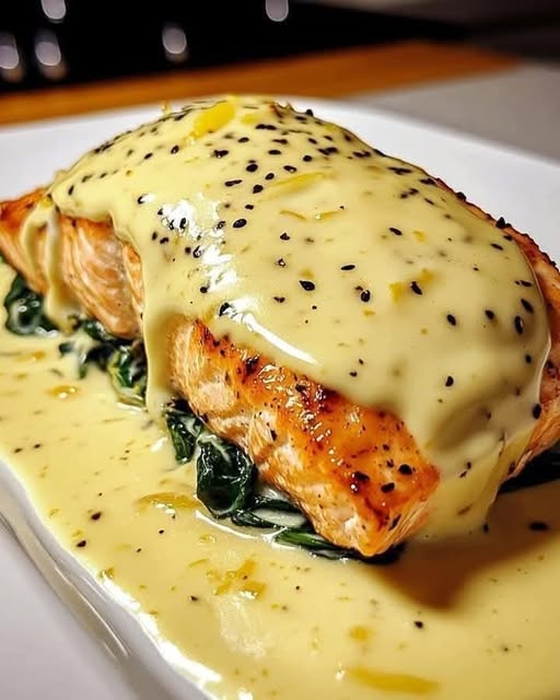 Spinach and Crab Stuffed Salmon with Lemon Cream Sauce: A Luxurious Seafood Dish