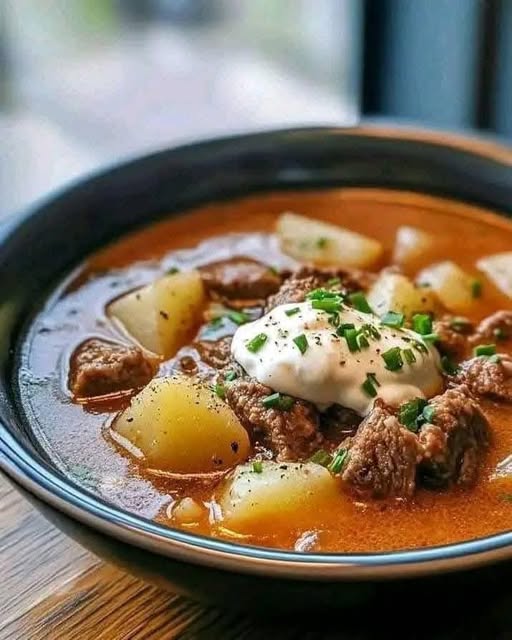 Potato and Beef Soup with Parmesan and Sour Cream: A Hearty Comforting Meal