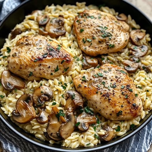 Garlic Herb Chicken & Mushroom Orzo Delight: A Flavorful One-Pan Meal