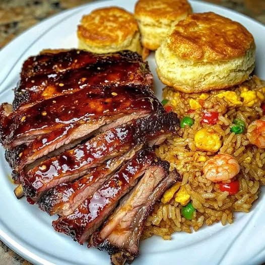 Sweet and Spicy Glazed Steak with Fried Rice and Biscuits: A Flavorful Feast