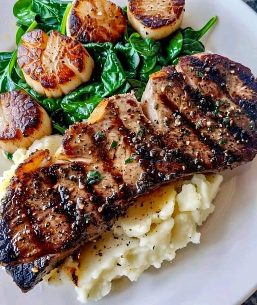 Cajun Blackened Steak and Scallops with Creamy Spinach Mashed Potatoes