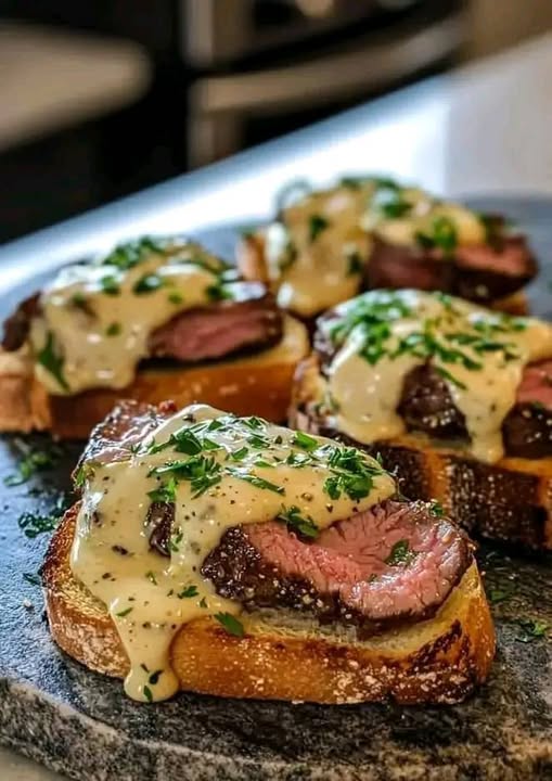 Beef Tenderloin Crostini with Parmesan Cream Sauce