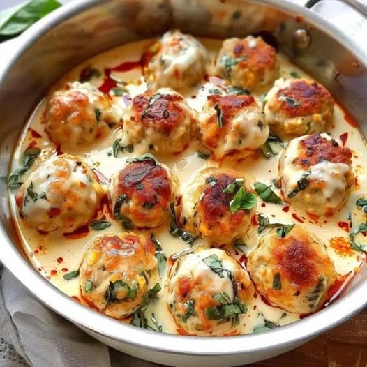 Baked Chicken Ricotta Meatballs with Spinach Alfredo Sauce – A Creamy, Comforting Delight