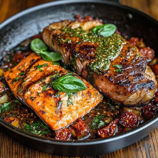 Spicy Salmon and Steak Skillet: A Flavor-Packed Duo in Red Pesto Sauce