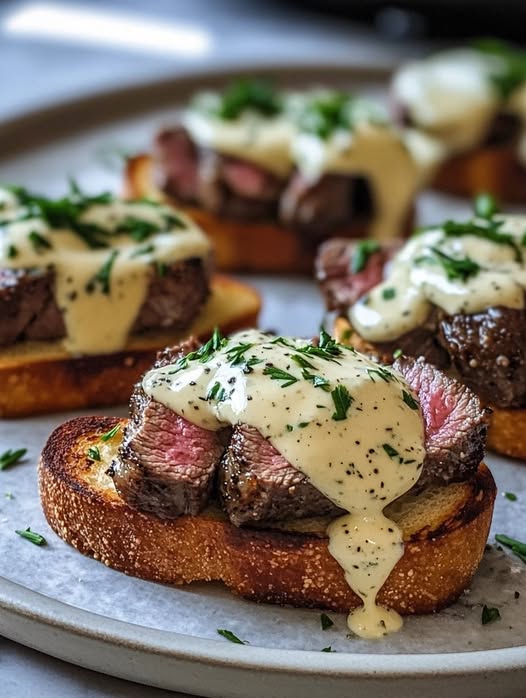 Beef Tenderloin Crostini with Parmesan Cream Sauce: A Gourmet Appetizer for Any Occasion