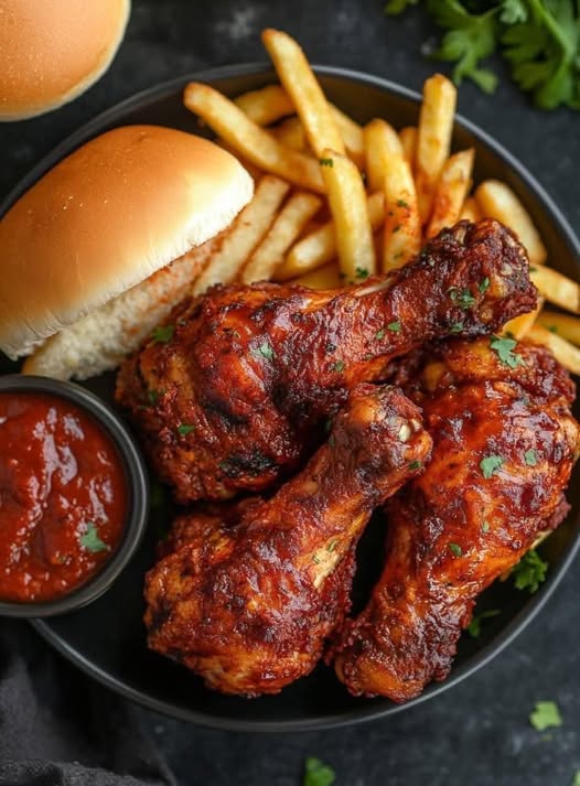 BBQ Chicken Drumsticks with Fries & Buns – The Ultimate Comfort Meal