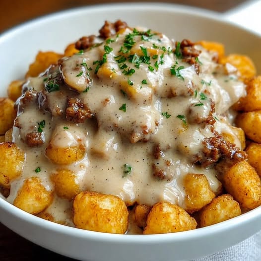 "Would You Eat This Tater Tot Breakfast Bowl with Sausage Gravy? – A Hearty Breakfast to Kickstart Your Day!"