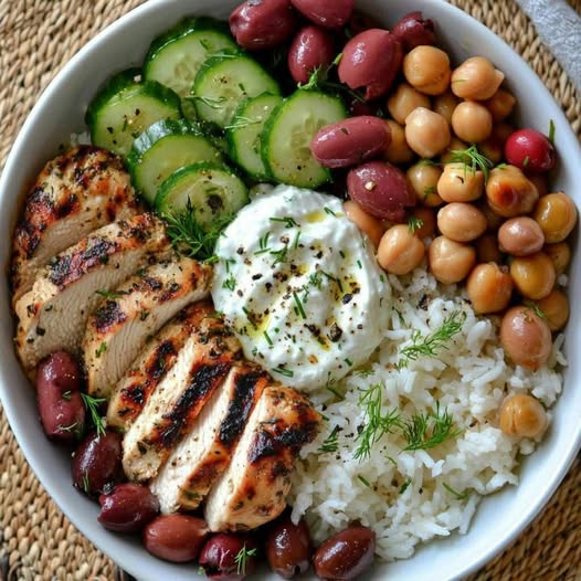 Greek Chicken Bowl with Tzatziki, Chickpeas, and Feta: A Mediterranean Feast in a Bowl