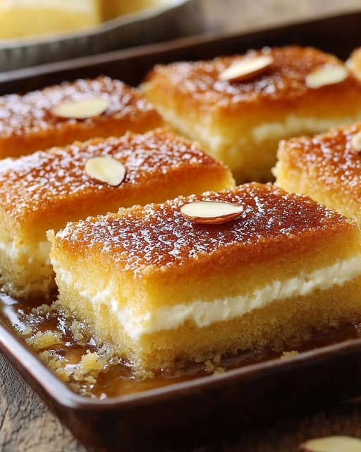 Traditional Semolina Cake with Cream (Basbousa)