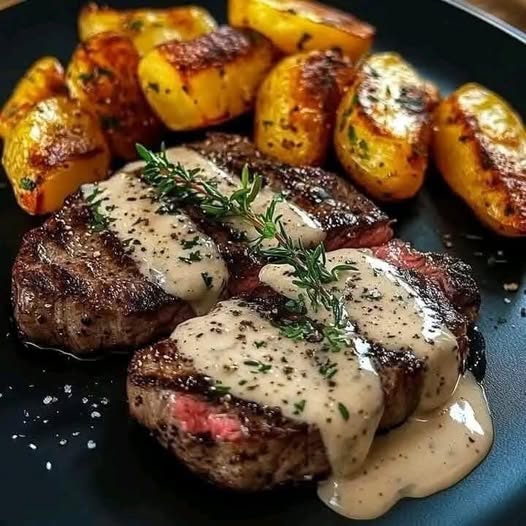 Steak with Creamy Peppercorn Sauce and Roasted Potatoes – A Gourmet Delight