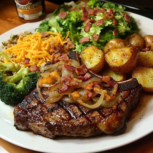 Grilled Bone-In Steak with Loaded Sides: A Hearty, Flavor-Packed Feast