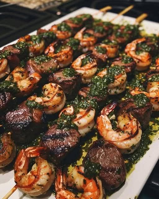 "Grilled Surf & Turf Skewers with Chimichurri: A Flavor-Packed Summer Feast"