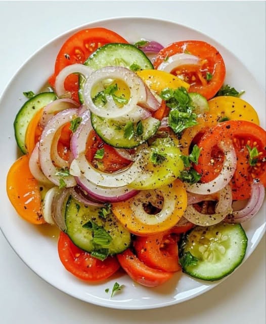 Classic Marinated Cucumber, Tomato, and Onion Salad