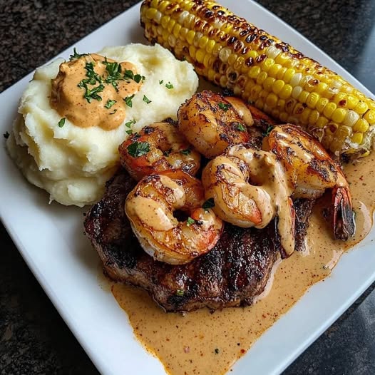 Blackened Ribeye with Creamy Cajun Shrimp, Mashed Potatoes, and Grilled Corn: A Flavor-Packed Feast!