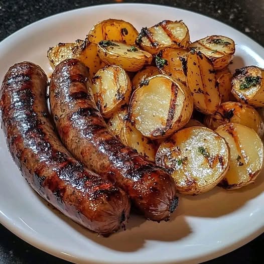 Breakfast Delight: Grilled Sausages & Crispy Potato Slices with a Zesty Kick!