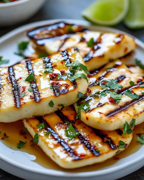 Grilled Halloumi with Chili Flakes, Honey, and Lime Sauce: A Perfect Balance of Flavors!