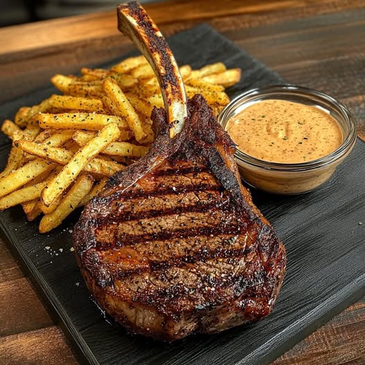 Grilled Tomahawk Steak with Fried Mozzarella Sticks and Spicy Dipping Sauce