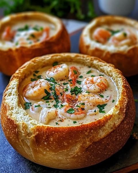 "Stuffed Seafood Soup Bread Bowls: A Cozy and Flavorful Comfort Meal"