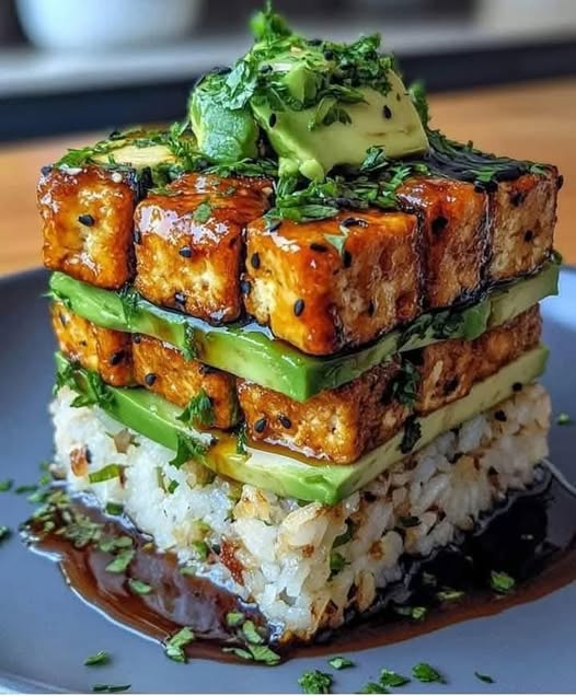 Crispy Teriyaki Tofu and Avocado Rice Stack: A Flavor-Packed Vegan Delight