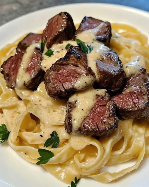 "Steak Bites and Fettuccine in Garlic Butter Sauce – A Savory, Comforting Feast"