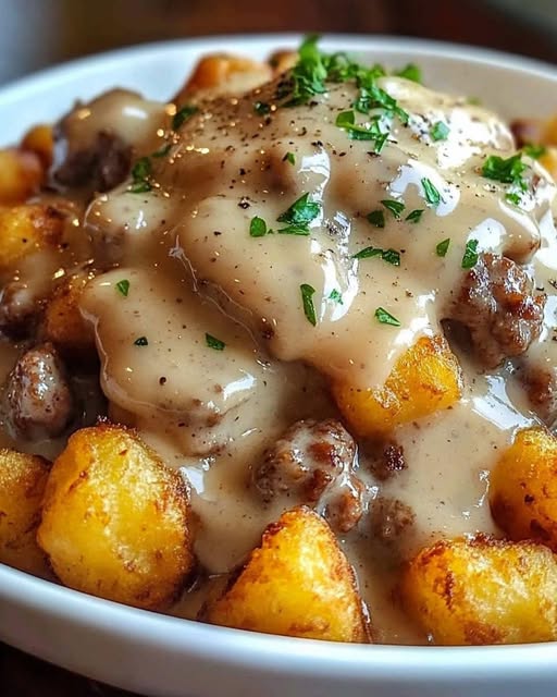 "Tater Tot Breakfast Bowl with Sausage Gravy – A Hearty Morning Treat"