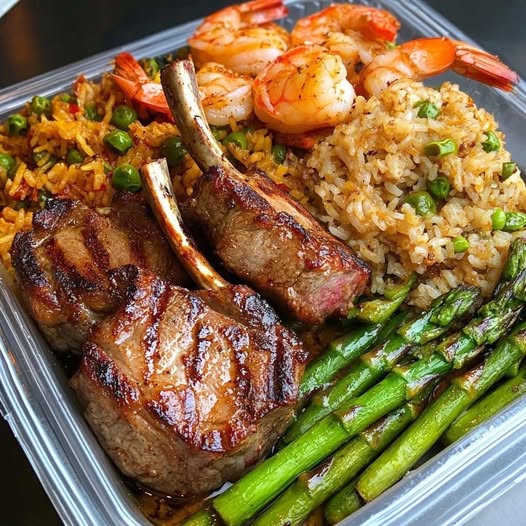 Grilled Lamb Chops and Shrimp Dinner with Fried Rice and Asparagus