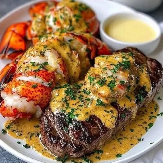 Surf and Turf Delight with Lobster Sauce: A Decadent Duo of Steak and Lobster