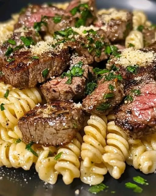 Steak Bites and Rotini in Garlic Parmesan Sauce: A Flavorful and Hearty Pasta Dish