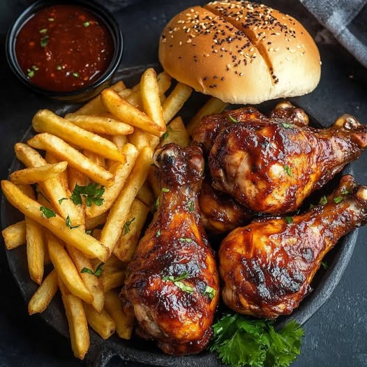 BBQ Chicken Drumsticks with Fries & Buns: A Classic, Flavor-Packed Meal