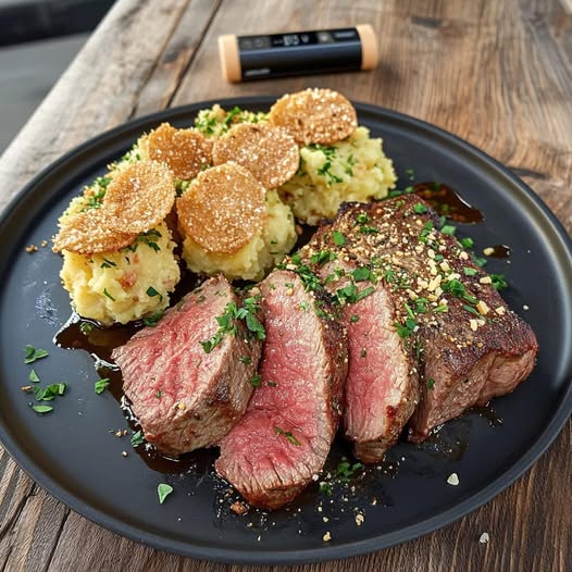 Perfectly Seared Steak with Parmesan Mashed Potatoes and Crispy Chips: A Deliciously Elegant Meal