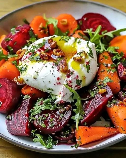 Roasted Beets and Carrots Salad with Burrata: A Colorful and Creamy Delight