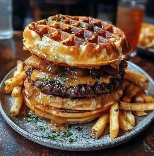 Waffle Cheeseburger with Maple Drizzle