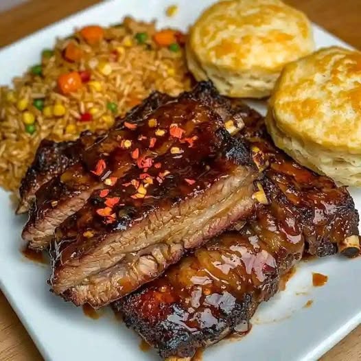 Glazed BBQ Ribs with Fried Rice and Flaky Biscuits Recipe