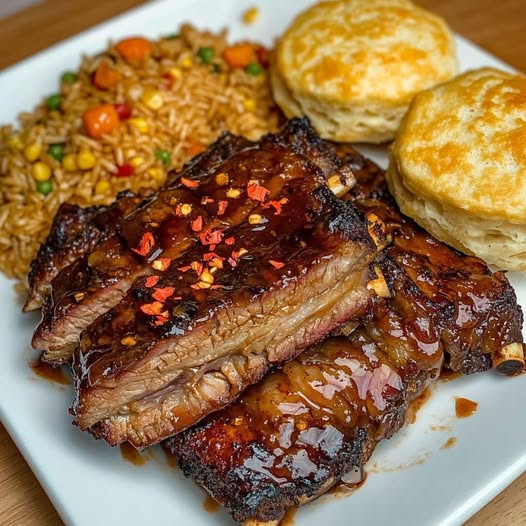 Glazed BBQ Ribs with Fried Rice and Flaky Biscuits: A Perfect Meal for Any Occasion