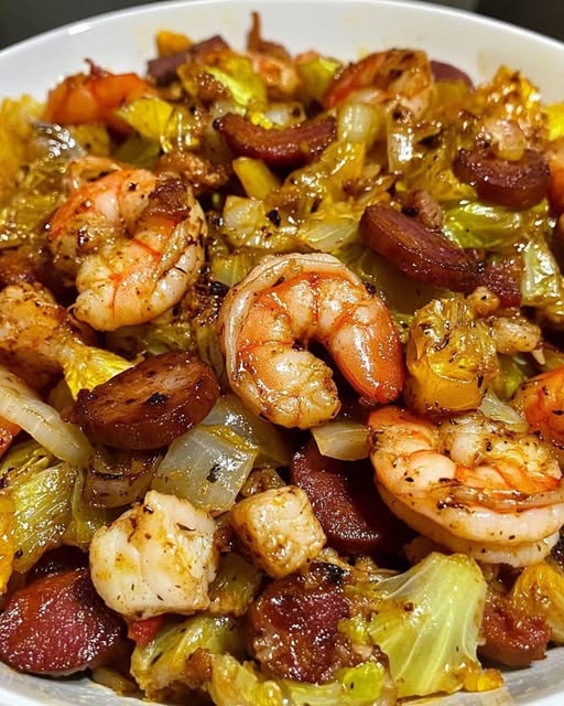 Fried Cabbage with Shrimp, Sausage & Bacon