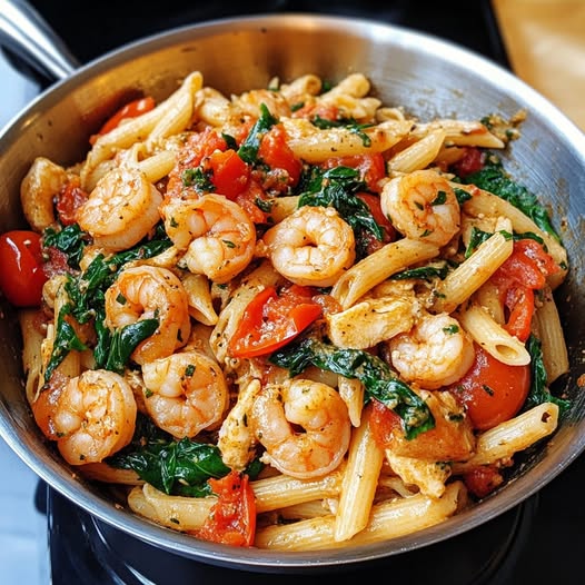 Shrimp Tomato Spinach Pasta in Garlic Butter Sauce