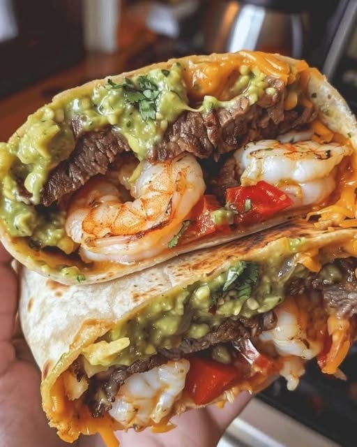 Surf and Turf Burrito: A Bold Fusion of Steak and Shrimp Wrapped in Flavor