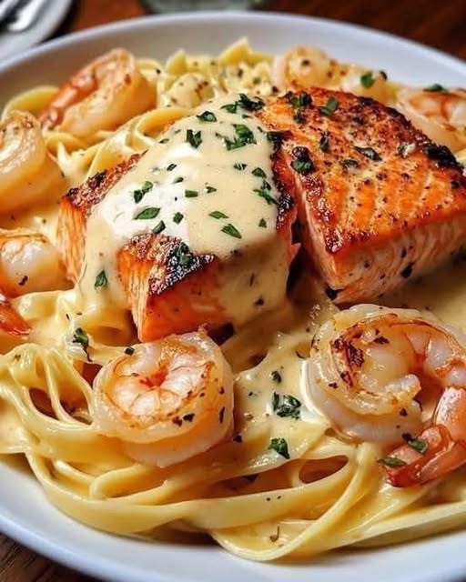 Creamy Salmon & Shrimp Fettuccine Alfredo: A Luxurious Seafood Pasta Dish