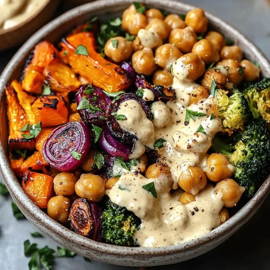 Roasted Veggie & Chickpea Bowls with Maple Dijon Tahini Dressing