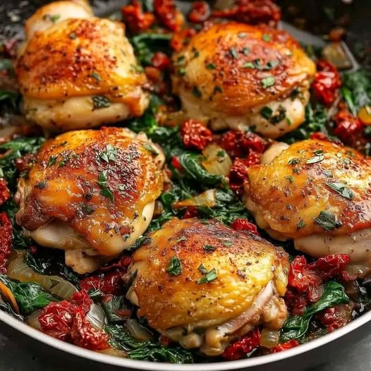 Crispy Chicken Thighs with Spinach and Sun-Dried Tomatoes: A Flavorful One-Pan Dish