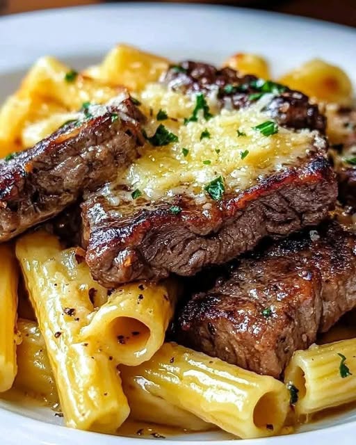 Garlic Butter Steak Tips with Cheesy Rigatoni