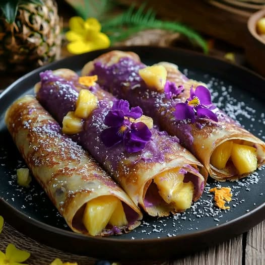 Ube and Coconut Crepes with Pineapple Filling