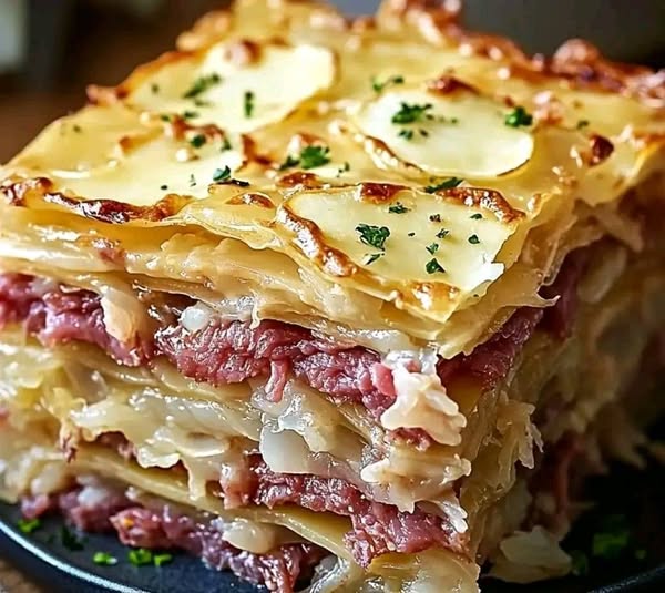 Reuben Bake with Layers of Corned Beef, Sauerkraut, and Swiss Cheese