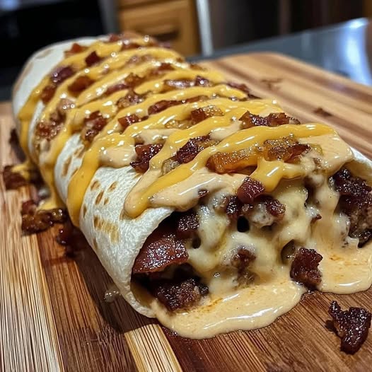 Huge Bacon Cheeseburger Burrito with Bacon & Creamy Cheese Sauce