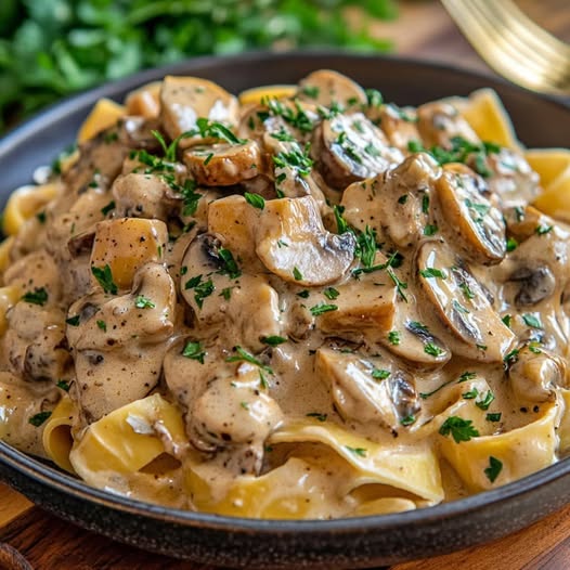 Vegan Mushroom Stroganoff: Creamy Mushroom Sauce with Cashew Cream Served Over Eggless Pasta