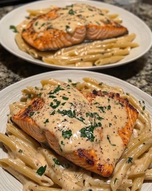 Creamy Tuscan Salmon with Garlic Alfredo Penne: A Flavorful Seafood Delight