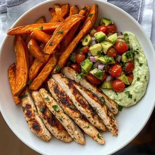 Grilled Herb Chicken Bowl with Sweet Potato Fries & Avocado Salsa