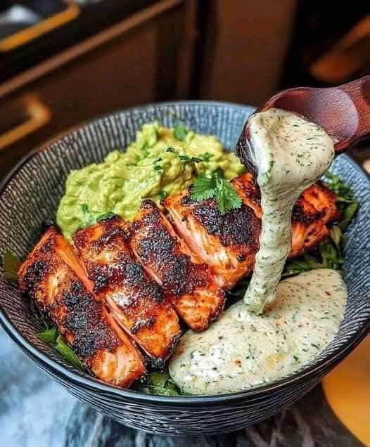 Spicy Blackened Salmon Bowl with Avocado Cilantro Sauce