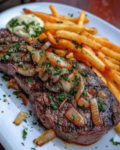 Mouthwatering Ribeye Steak with French Onions and Crispy French Fries: The Ultimate Comfort Meal!