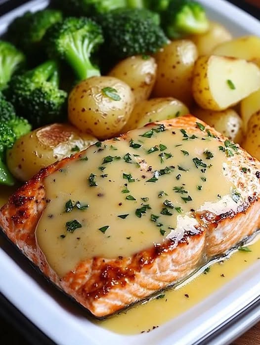 Lemon Butter Salmon with Crispy Potatoes and Broccoli